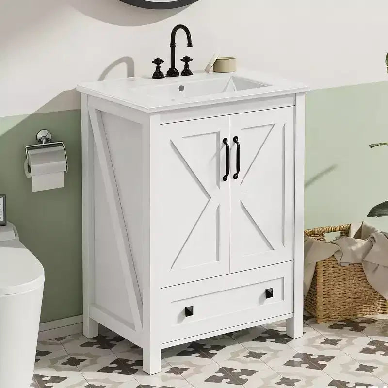 24/30 Vanity with Ceramic Sink Modern Bathroom Vanity with 2 Doors and 1 Storage Drawer Freestanding Bathroom Cabinet
