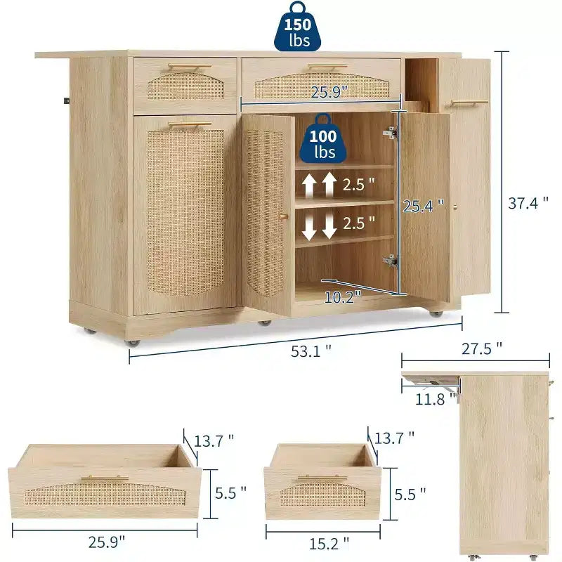 Îlot de cuisine avec abattant, meuble de rangement d'appoint roulant pour cuisine