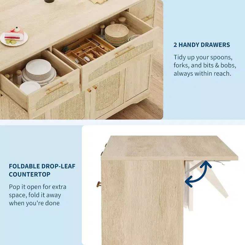 Îlot de cuisine avec abattant, meuble de rangement d'appoint roulant pour cuisine