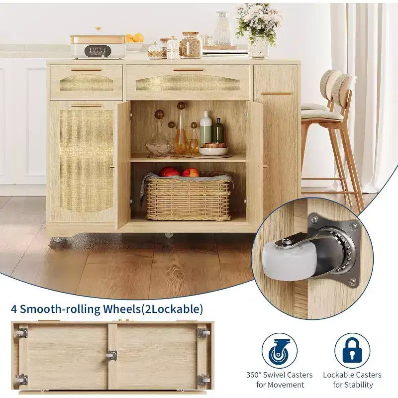 Îlot de cuisine avec abattant, meuble de rangement d'appoint roulant pour cuisine
