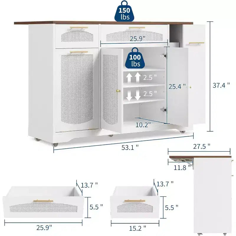 Îlot de cuisine avec abattant, meuble de rangement d'appoint roulant pour cuisine
