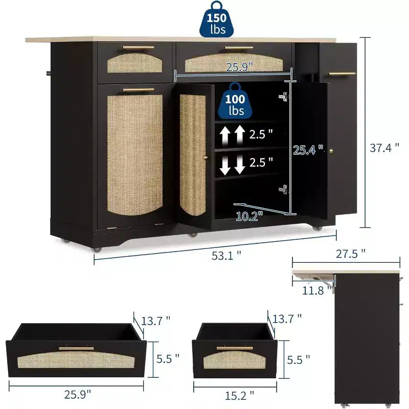 Îlot de cuisine avec abattant, meuble de rangement d'appoint roulant pour cuisine