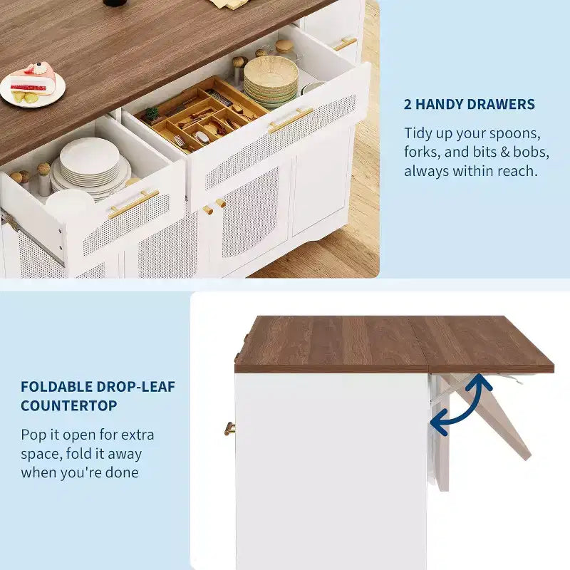 Îlot de cuisine avec abattant, meuble de rangement d'appoint roulant pour cuisine