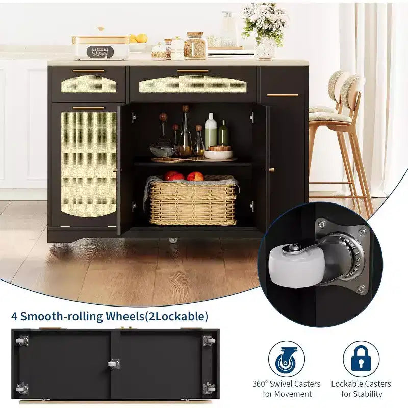 Îlot de cuisine avec abattant, meuble de rangement d'appoint roulant pour cuisine