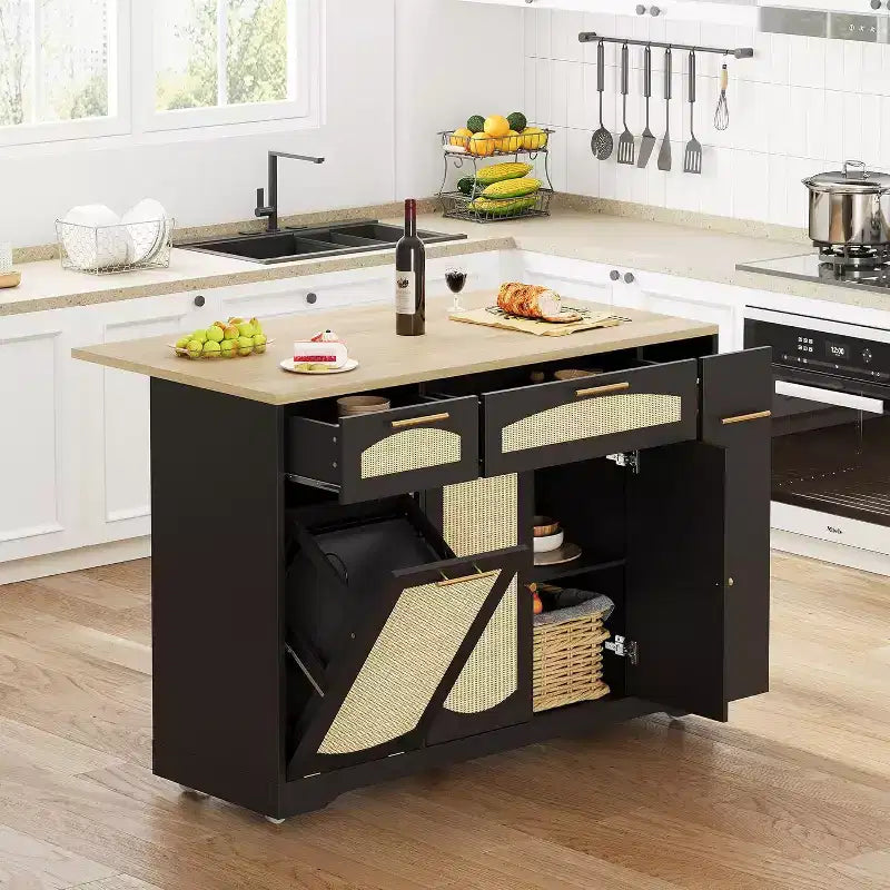 53 Kitchen Island with Drop Leaf Kitchen Rolling Island with Tilt Out Trash Can Storage Cabinet Spice Rack 2 Drawer Mobile Island TableKitchen