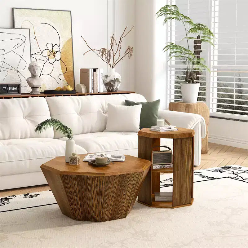 31.5 Inch Farmhouse Octagonal Coffee Table Rubber Wood Center Table with Modern Design for Living Room and Office