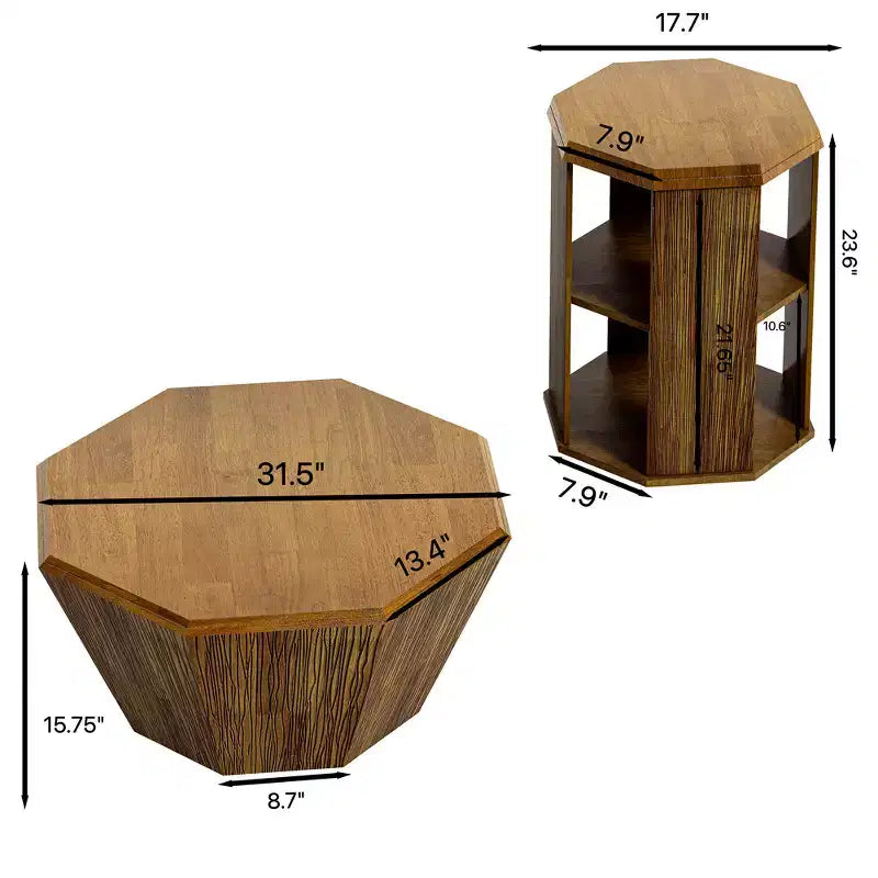 Table basse octogonale de ferme en bois d'hévéa