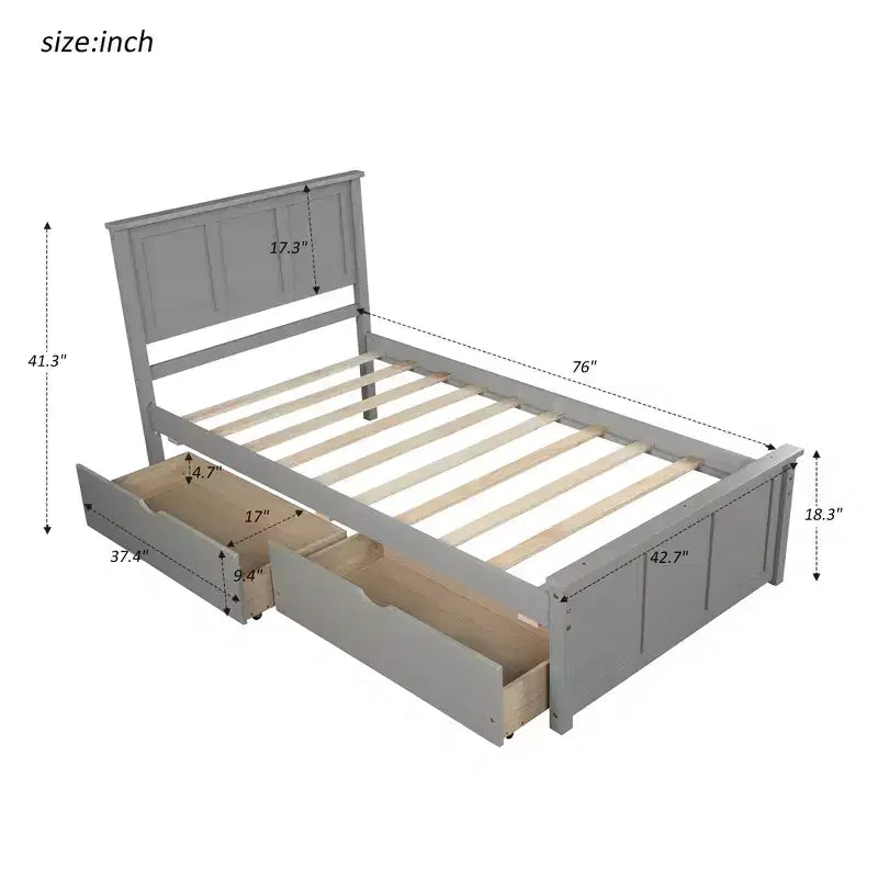 Lit plateforme avec rangement, 2 tiroirs et roulettes