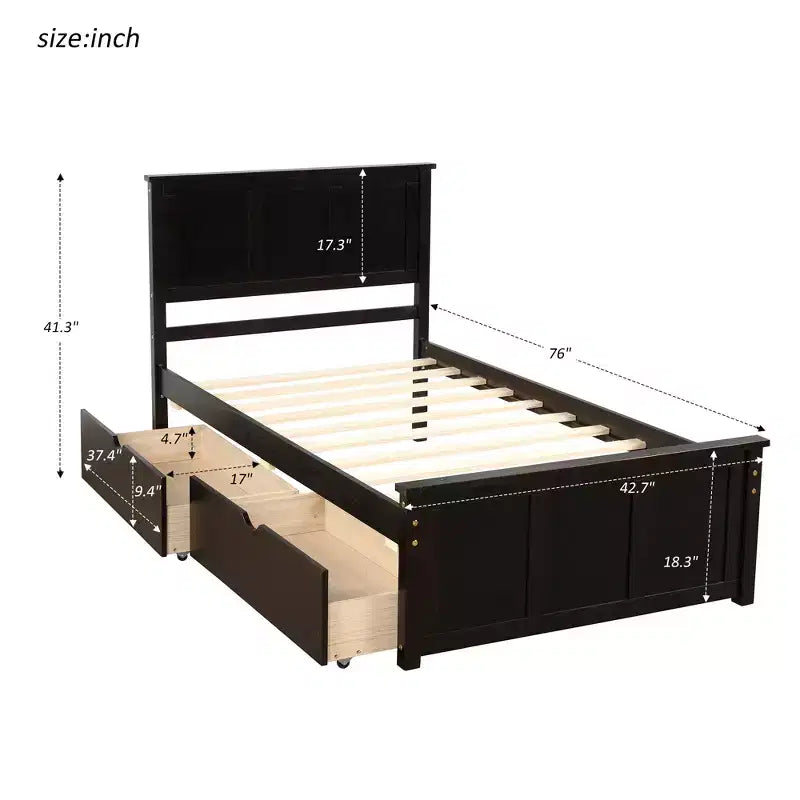 Lit plateforme avec rangement, 2 tiroirs et roulettes