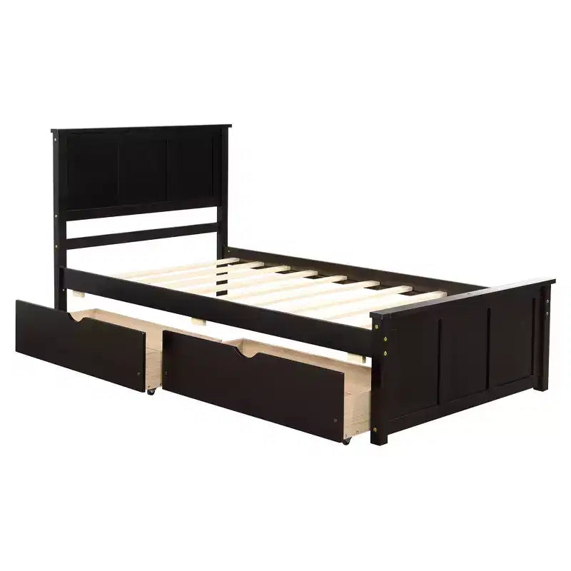 Lit plateforme avec rangement, 2 tiroirs et roulettes