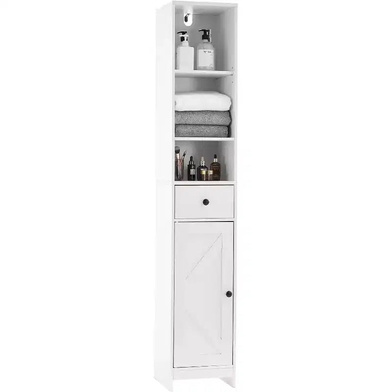 Tall Bathroom Storage Cabinet Narrow Slim Freestanding Cabinet with 2 Barn Doors & 1 Drawer with Adjustable Shelves for Kitchen Bathroom