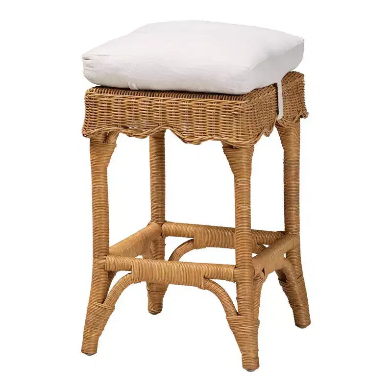 Tabouret de comptoir en rotin festonné miel/blanc