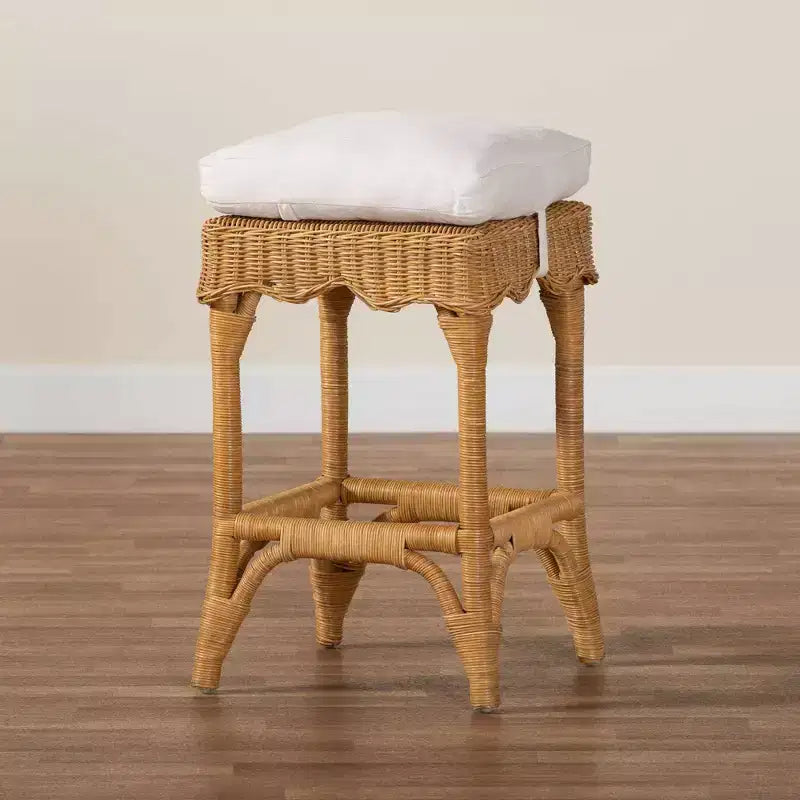 Tabouret de comptoir en rotin festonné miel/blanc
