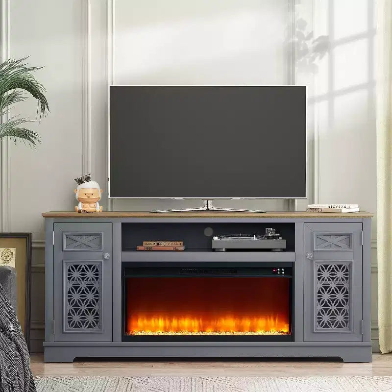 Meuble TV jusqu'à 80" avec cheminée - Gris