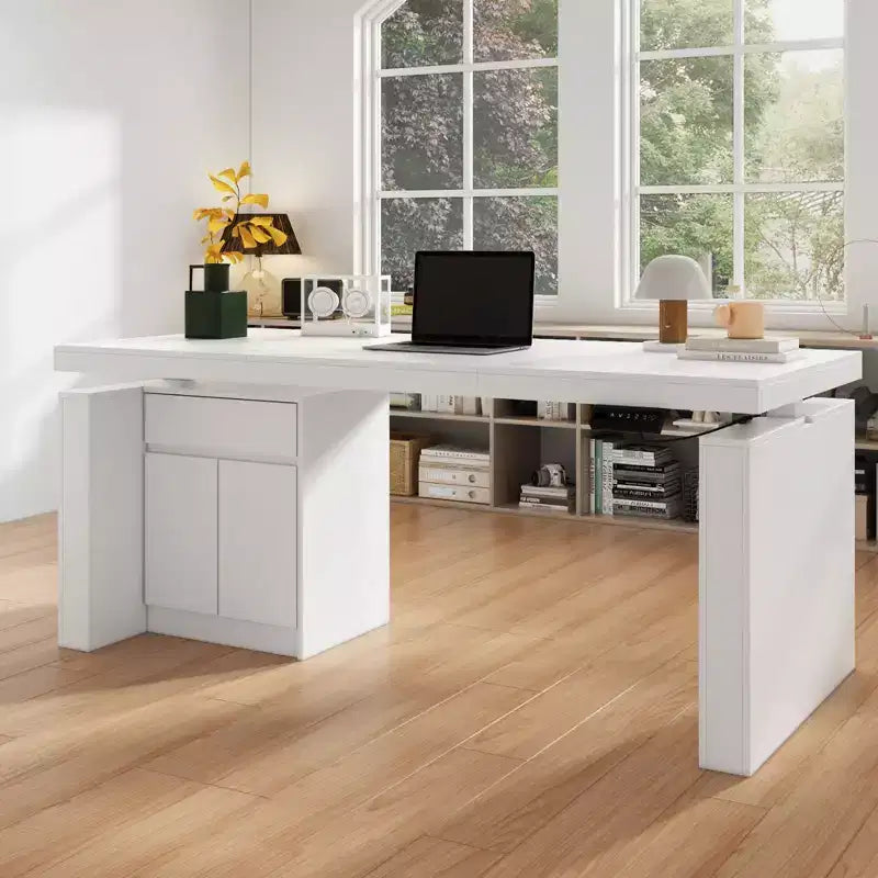 Bureau de travail blanc réglable en hauteur avec tiroirs de rangement