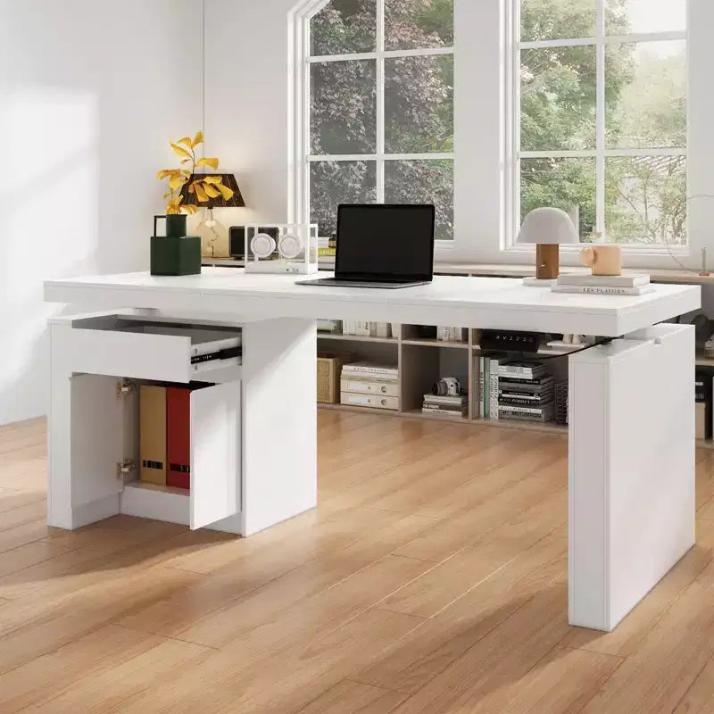 Bureau de travail blanc réglable en hauteur avec tiroirs de rangement