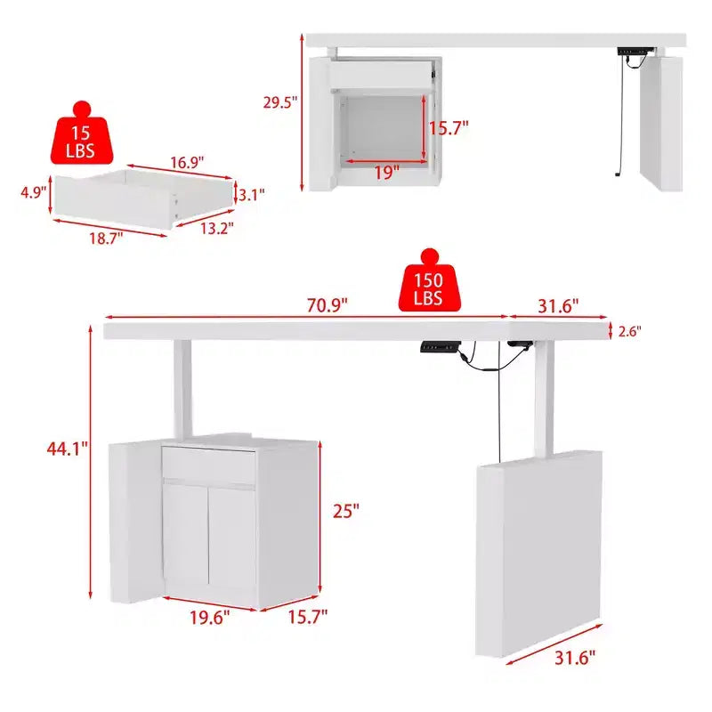 Bureau de travail blanc réglable en hauteur avec tiroirs de rangement