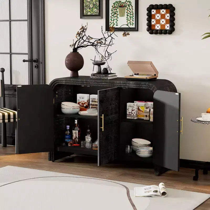 Buffet Rétro Minimaliste avec Portes Courbes et Poignées Dorées