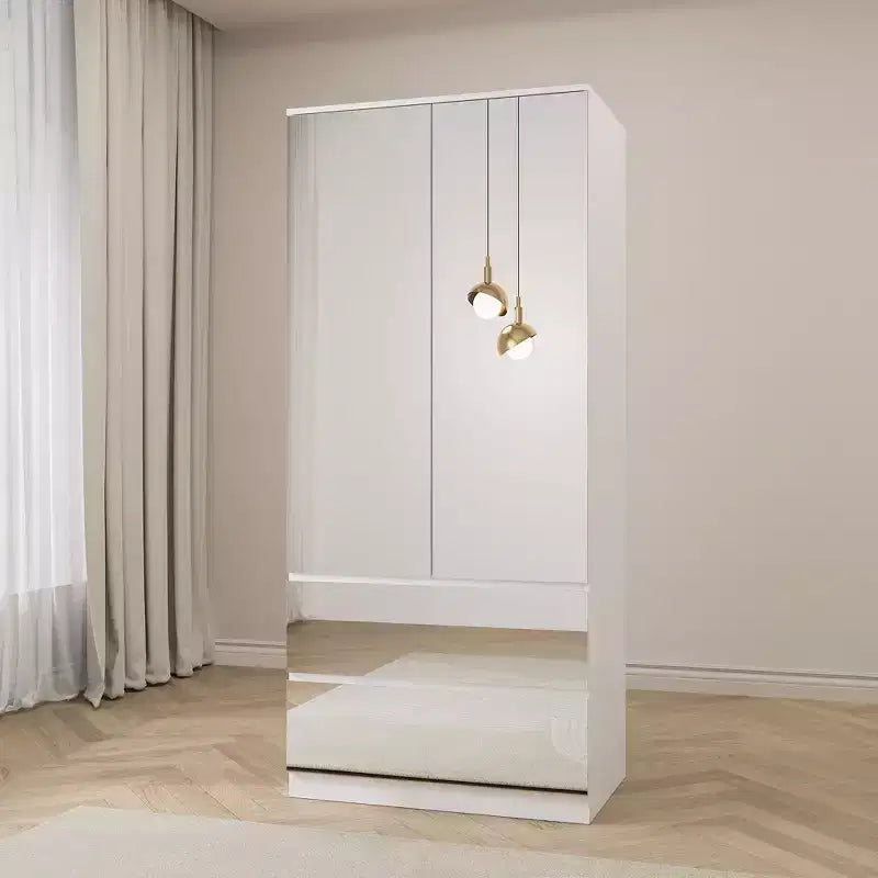 Armoire blanche avec tringle à vêtements et portes miroirs