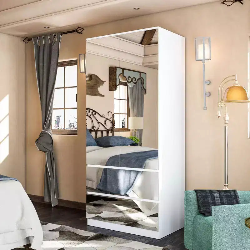 Armoire blanche avec tringle à vêtements et portes miroirs