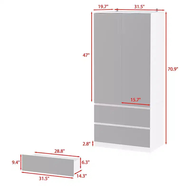 Armoire blanche avec tringle à vêtements et portes miroirs