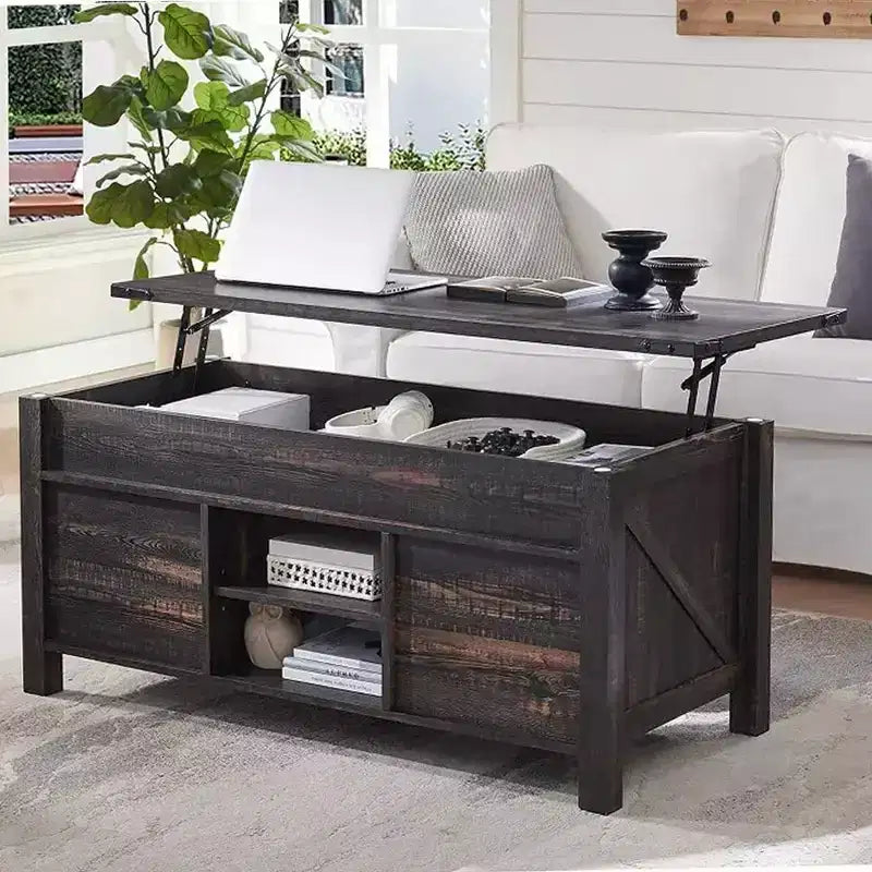 Table basse de ferme relevable de 48 pouces avec porte coulissante de style grange et étagère réglable