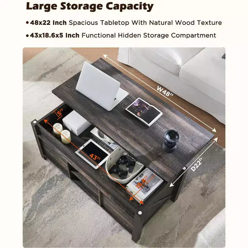 Table basse de ferme relevable de 48 pouces avec porte coulissante de style grange et étagère réglable