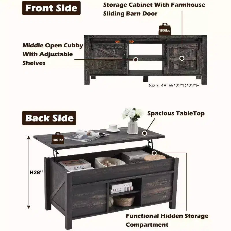 Table basse de ferme relevable de 48 pouces avec porte coulissante de style grange et étagère réglable