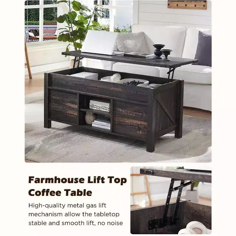 Table basse de ferme relevable de 48 pouces avec porte coulissante de style grange et étagère réglable