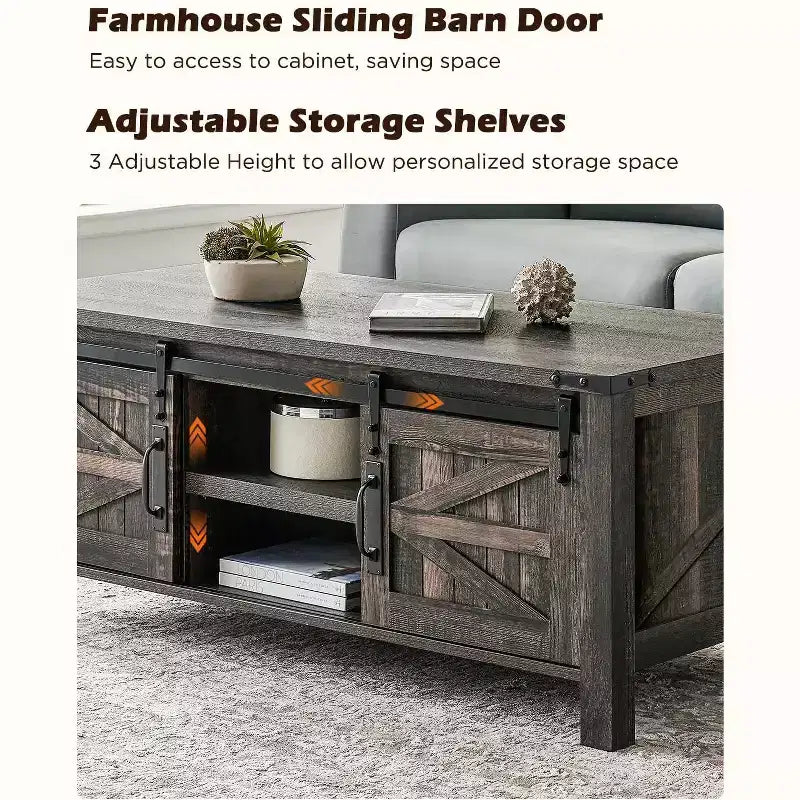 Table basse de ferme relevable de 48 pouces avec porte coulissante de style grange et étagère réglable