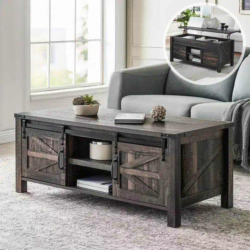 Table basse de ferme relevable de 48 pouces avec porte coulissante de style grange et étagère réglable