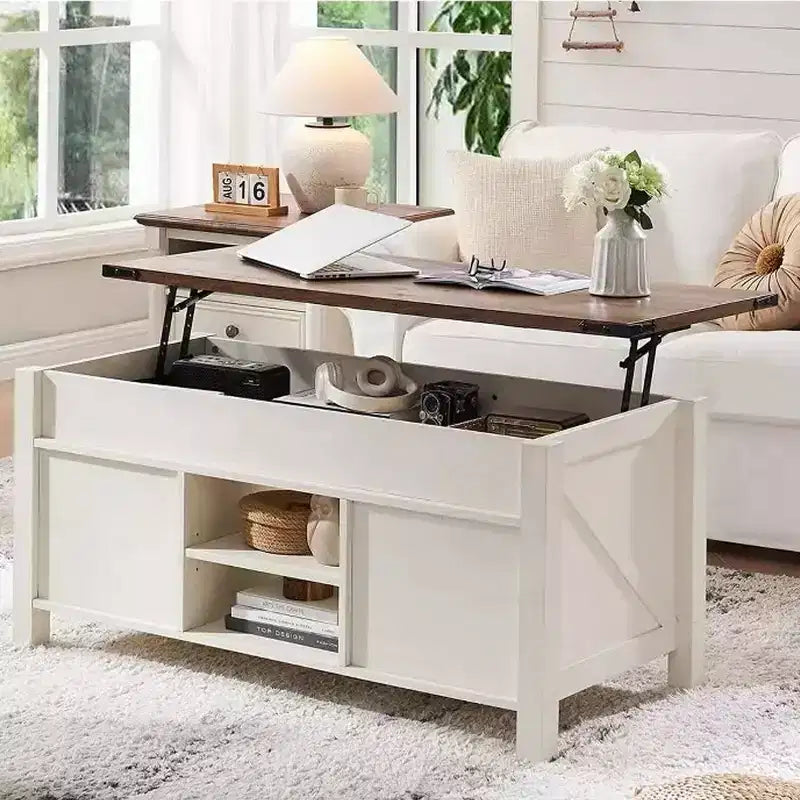Table basse de ferme relevable de 48 pouces avec porte coulissante de style grange et étagère réglable