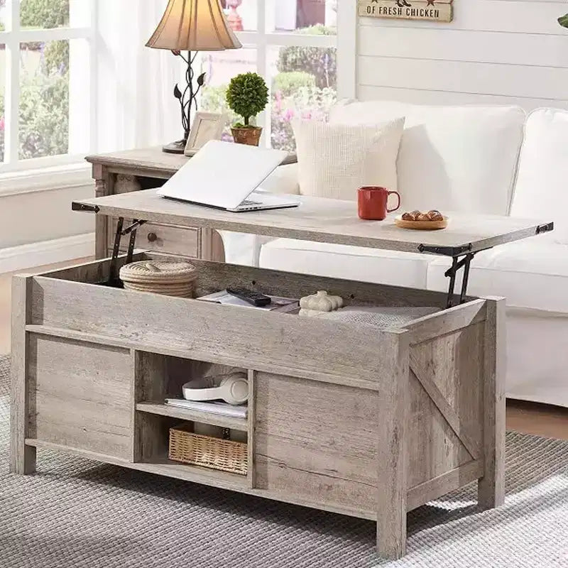 Table basse de ferme relevable de 48 pouces avec porte coulissante de style grange et étagère réglable