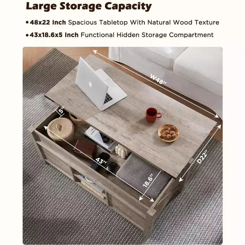Table basse de ferme relevable de 48 pouces avec porte coulissante de style grange et étagère réglable