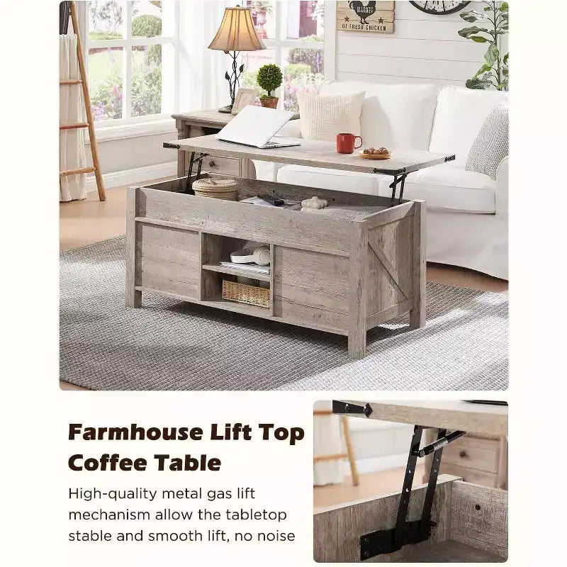 Table basse de ferme relevable de 48 pouces avec porte coulissante de style grange et étagère réglable