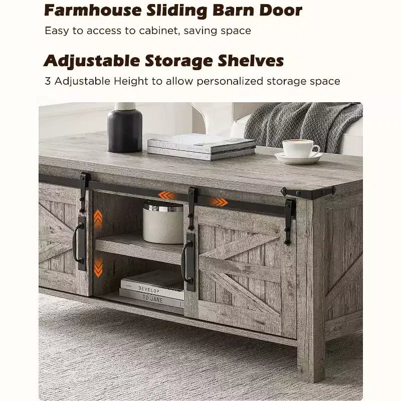 Table basse de ferme relevable de 48 pouces avec porte coulissante de style grange et étagère réglable