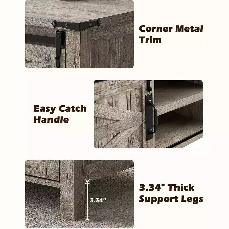 Table basse de ferme relevable de 48 pouces avec porte coulissante de style grange et étagère réglable