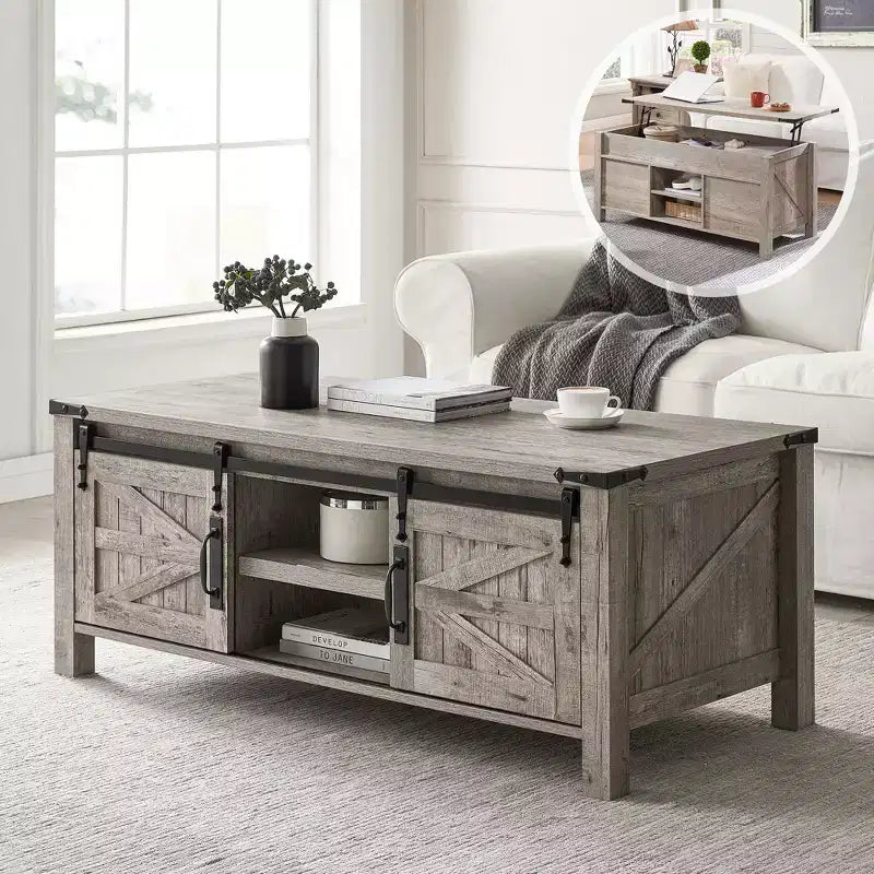 Table basse de ferme relevable de 48 pouces avec porte coulissante de style grange et étagère réglable
