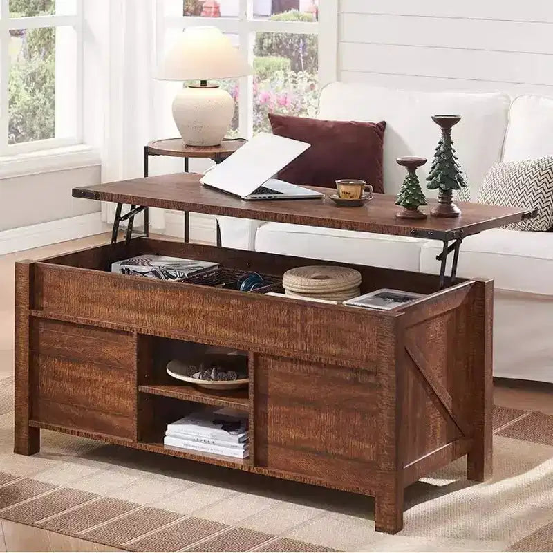 Table basse de ferme relevable de 48 pouces avec porte coulissante de style grange et étagère réglable