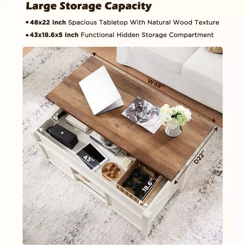 Table basse de ferme relevable de 48 pouces avec porte coulissante de style grange et étagère réglable