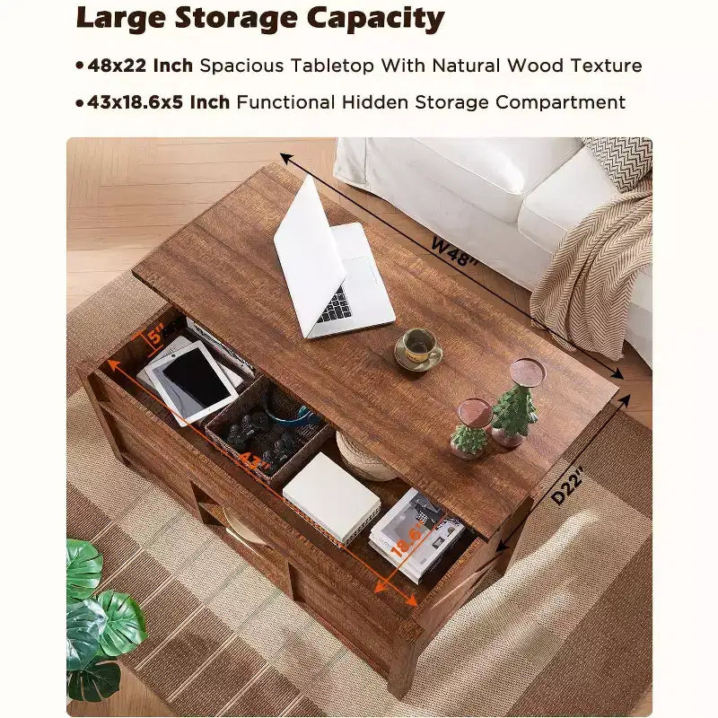 Table basse de ferme relevable de 48 pouces avec porte coulissante de style grange et étagère réglable