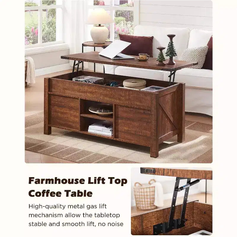 Table basse de ferme relevable de 48 pouces avec porte coulissante de style grange et étagère réglable