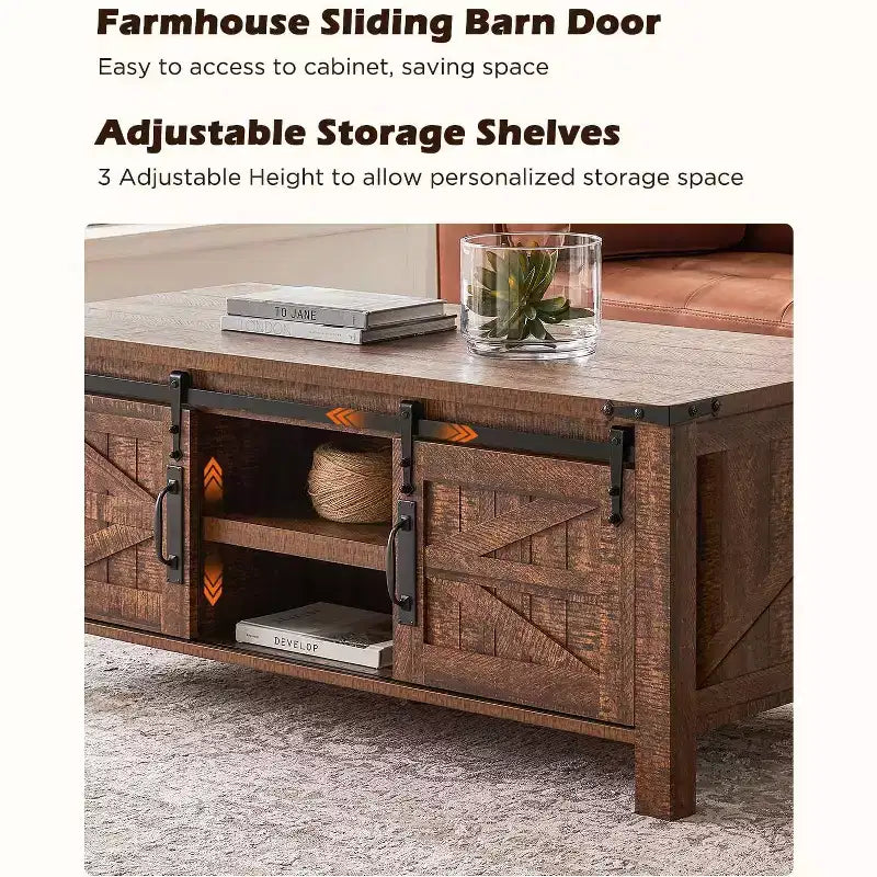Table basse de ferme relevable de 48 pouces avec porte coulissante de style grange et étagère réglable