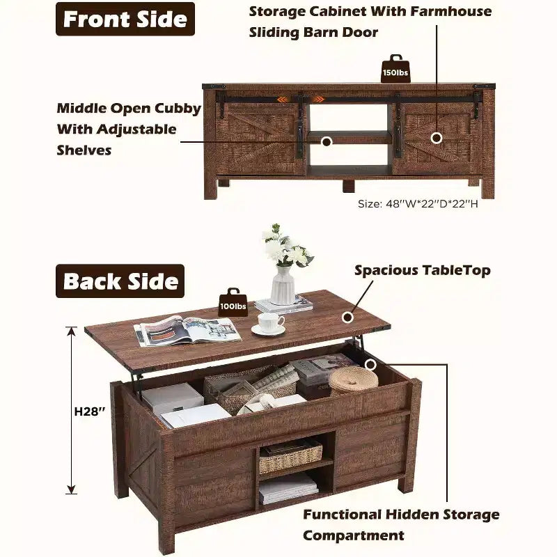 Table basse de ferme relevable de 48 pouces avec porte coulissante de style grange et étagère réglable