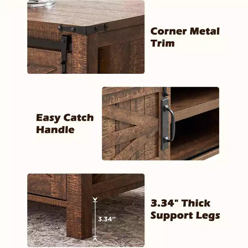 Table basse de ferme relevable de 48 pouces avec porte coulissante de style grange et étagère réglable