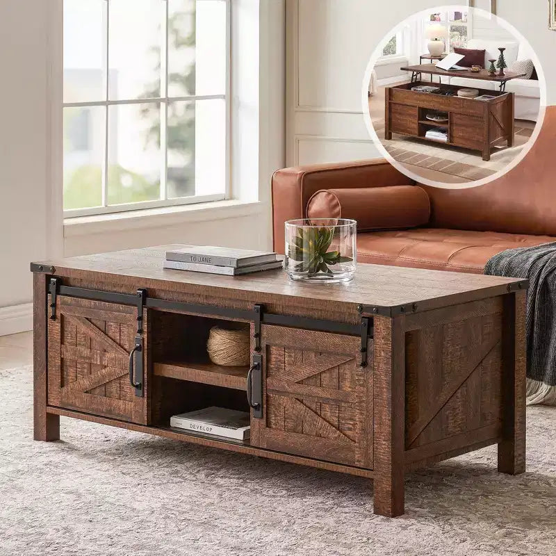 Table basse de ferme relevable de 48 pouces avec porte coulissante de style grange et étagère réglable