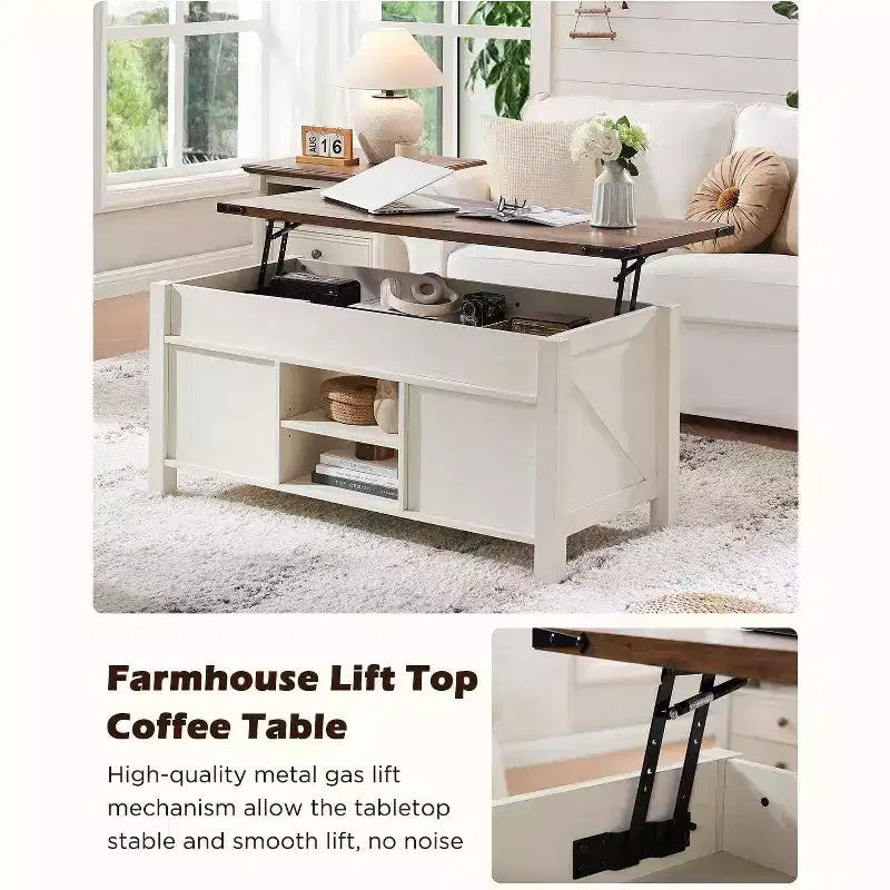 Table basse de ferme relevable de 48 pouces avec porte coulissante de style grange et étagère réglable