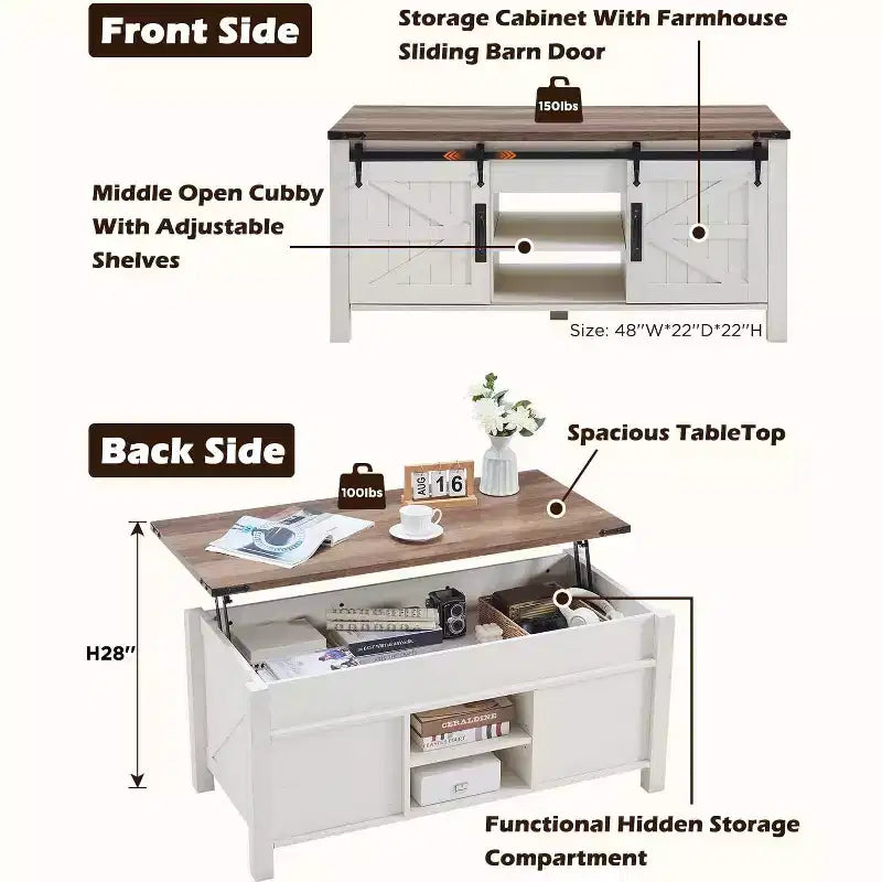 Table basse de ferme relevable de 48 pouces avec porte coulissante de style grange et étagère réglable