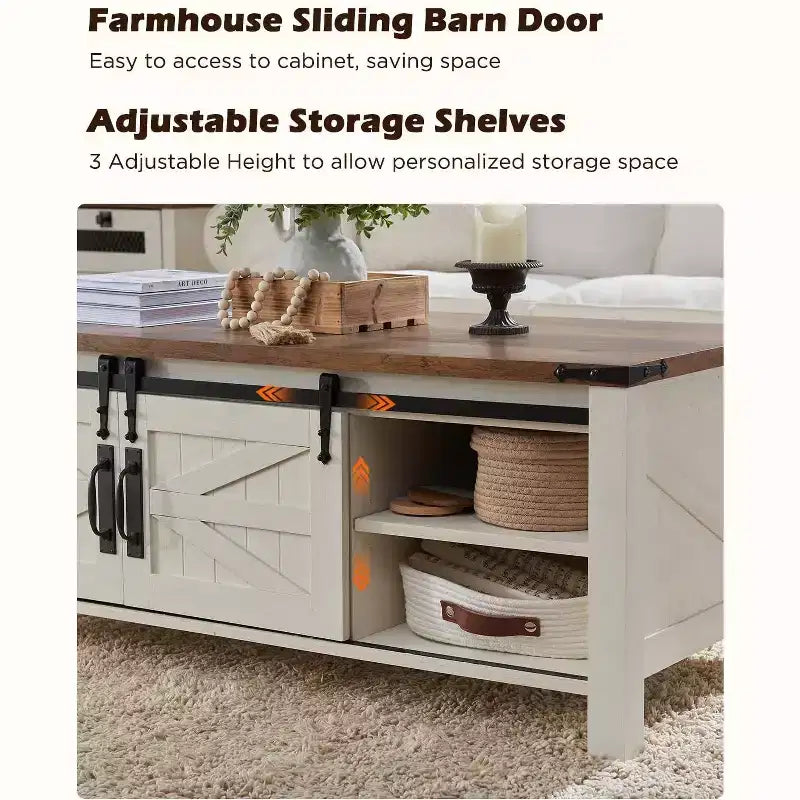 Table basse de ferme relevable de 48 pouces avec porte coulissante de style grange et étagère réglable