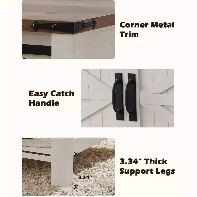 Table basse de ferme relevable de 48 pouces avec porte coulissante de style grange et étagère réglable